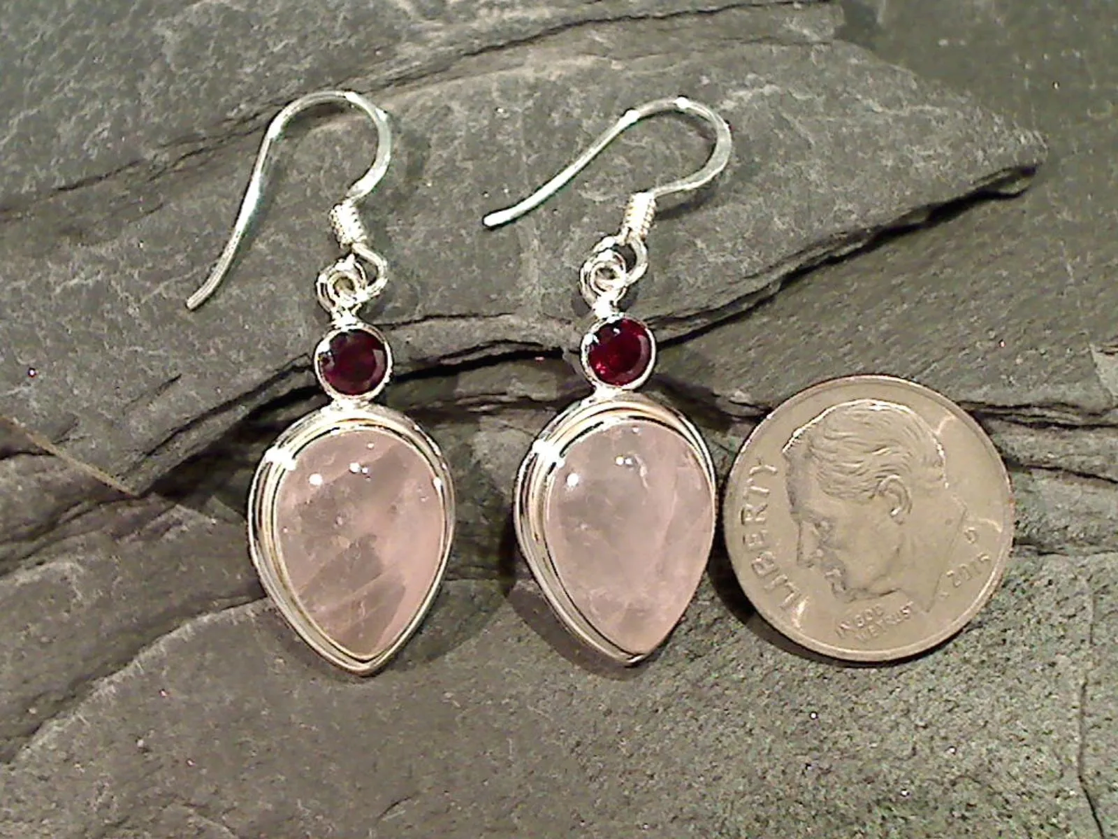Rose Quartz, Garnet, Sterling Silver Earrings