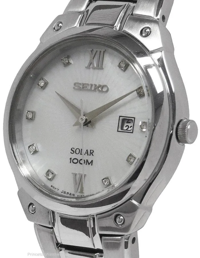 Seiko Solar Ladies Diamond Watch - Stainless - MOP Dial - 100M WR