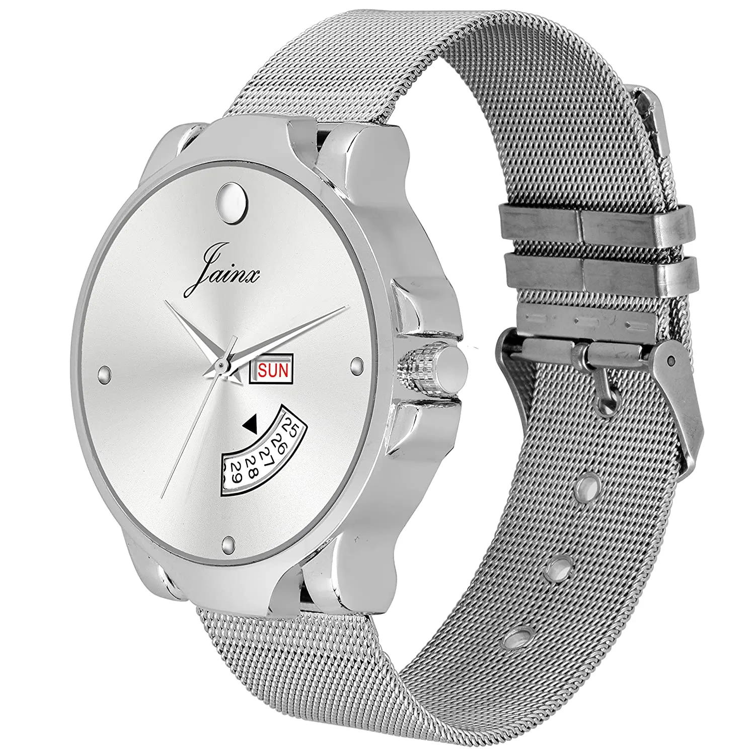Silver Day & Date Steel Mesh Chain Analog Watch - For Men JM7117
