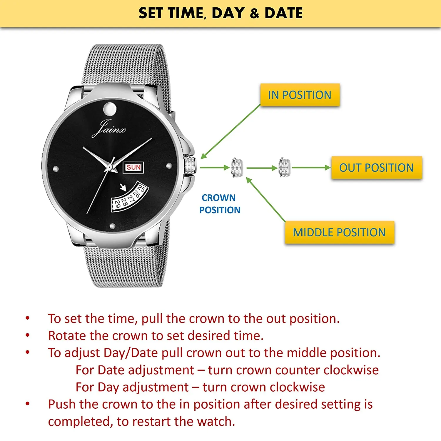 SILVER Day & Date Steel Mesh Chain Analog Watch - For Men JM7118
