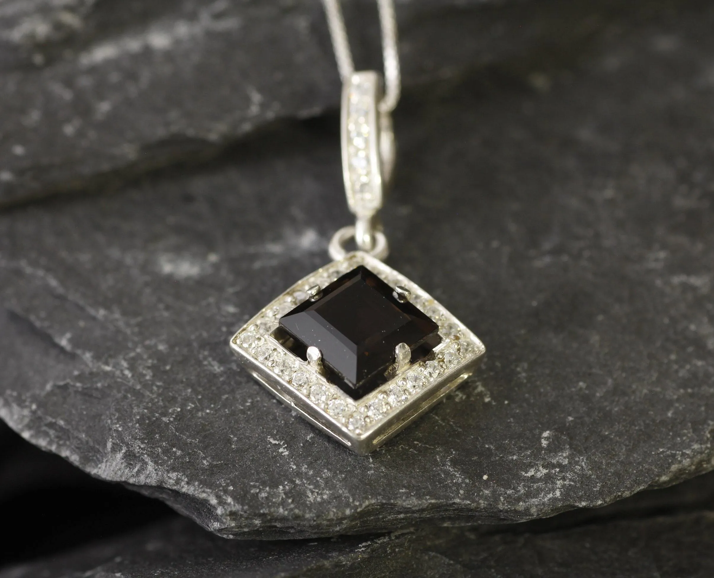 Smoky Topaz Necklace - Topaz Square Pendant - Vintage Smoky Topaz Necklace