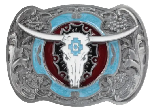 Steer Skull Blue Red Belt Buckle
