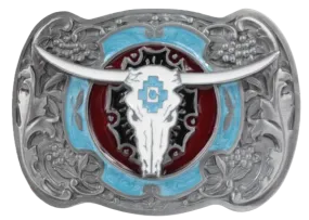 Steer Skull Blue Red Belt Buckle