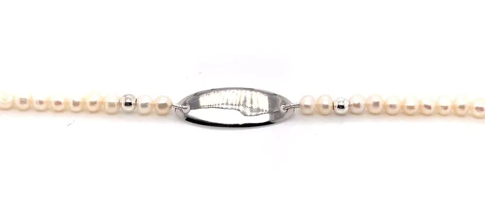 Sterling Silver 4-4.5mm Kids Pearl ID Bracelet With Silver Bead