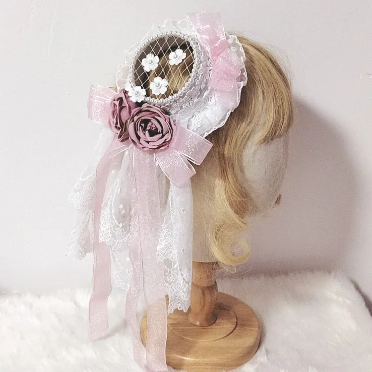 Sweet Net Mini Top Hat Fascinator with Veil & Rosettes