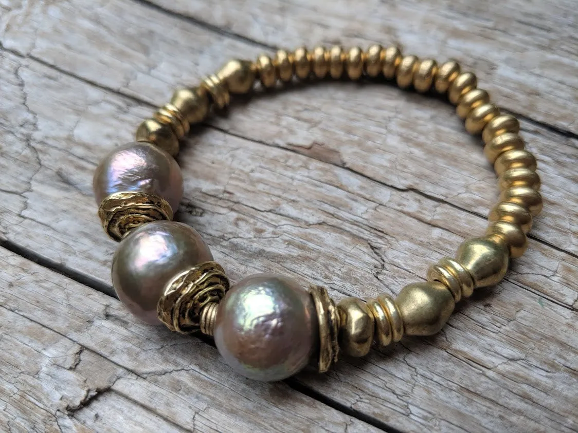 Three Champagne Pink Pearl & African Brass Elastic Bracelet
