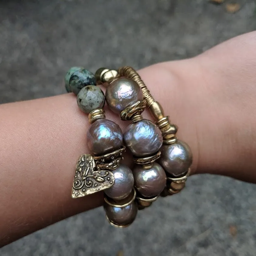 Three Champagne Pink Pearl & African Brass Elastic Bracelet