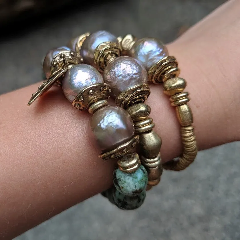 Three Champagne Pink Pearl & African Brass Elastic Bracelet