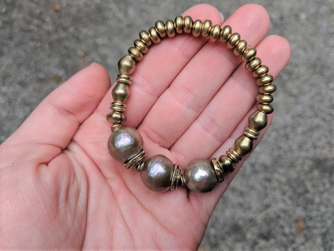 Three Champagne Pink Pearl & African Brass Elastic Bracelet