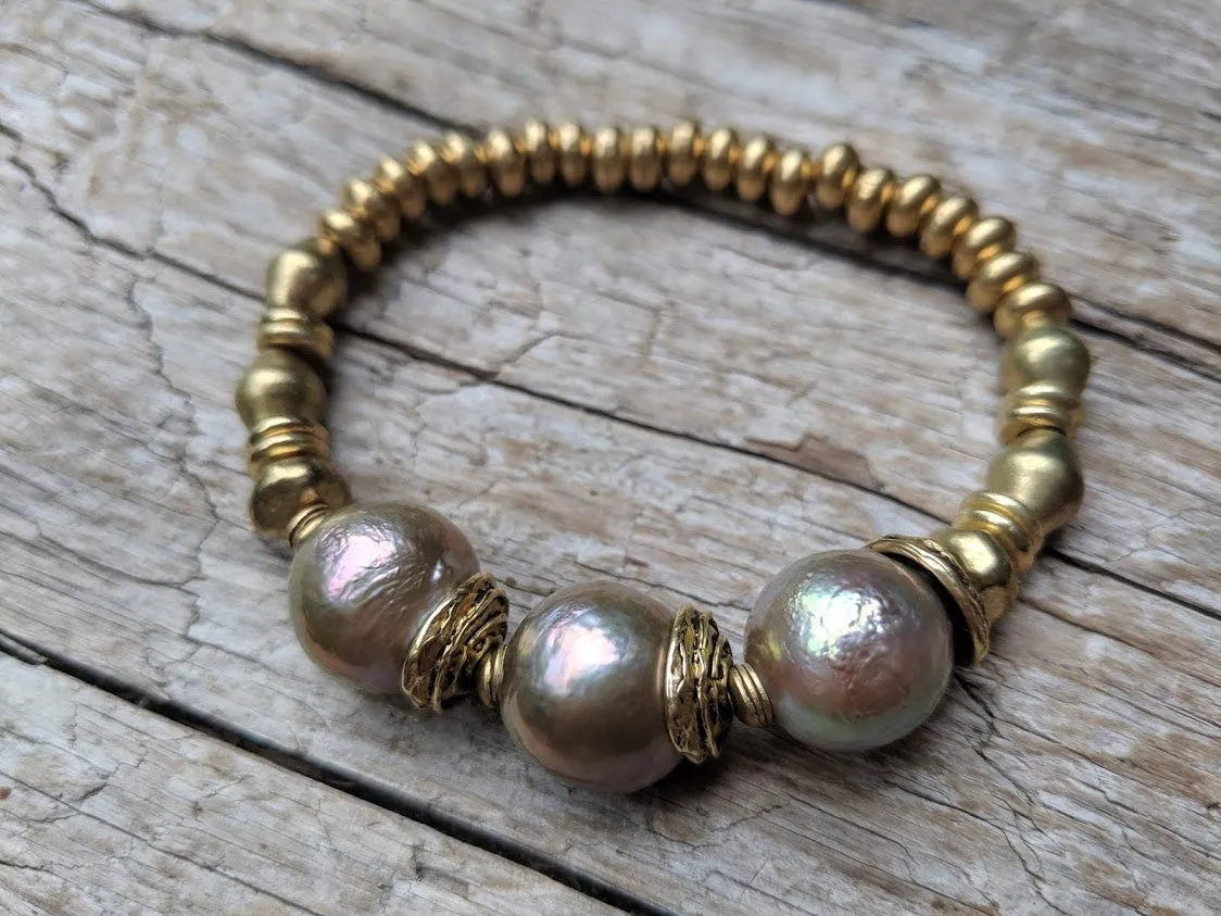 Three Champagne Pink Pearl & African Brass Elastic Bracelet