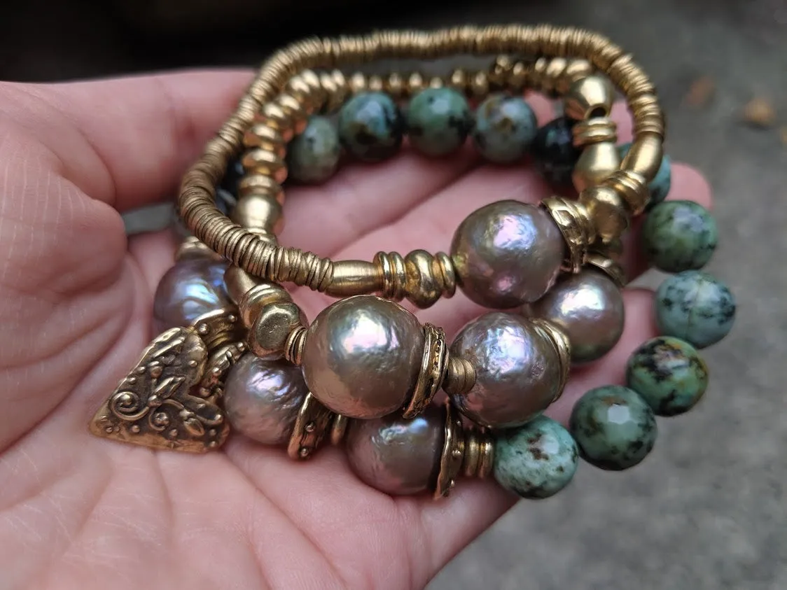 Three Champagne Pink Pearl & African Brass Elastic Bracelet