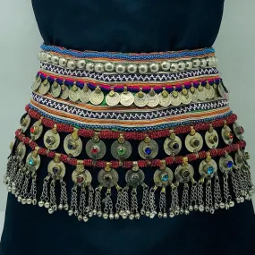 Vintage Kuchi Belt With Coins and Multicolor Glass Stones