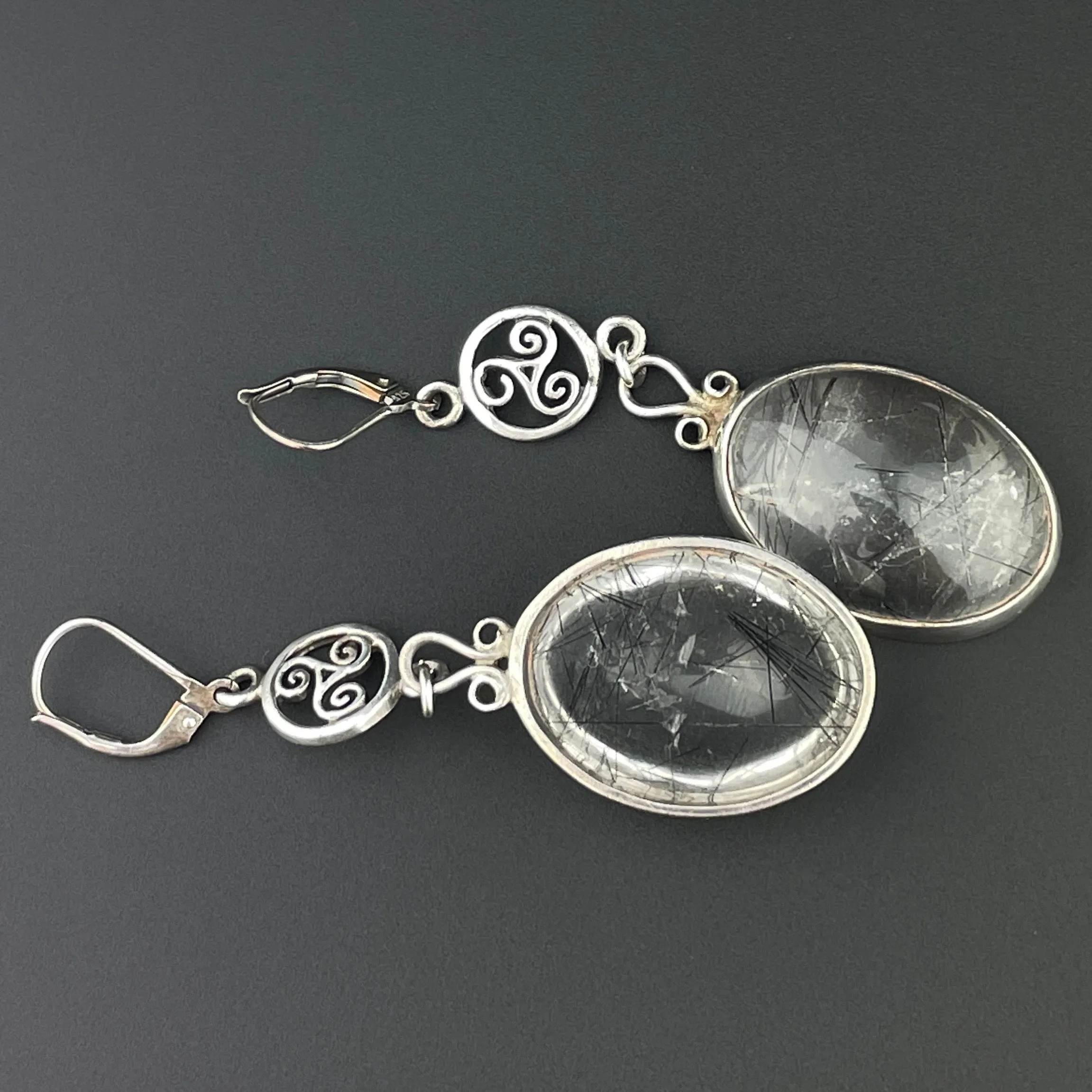 Vintage Silver Long Rutilated Quartz Teardrop Earrings