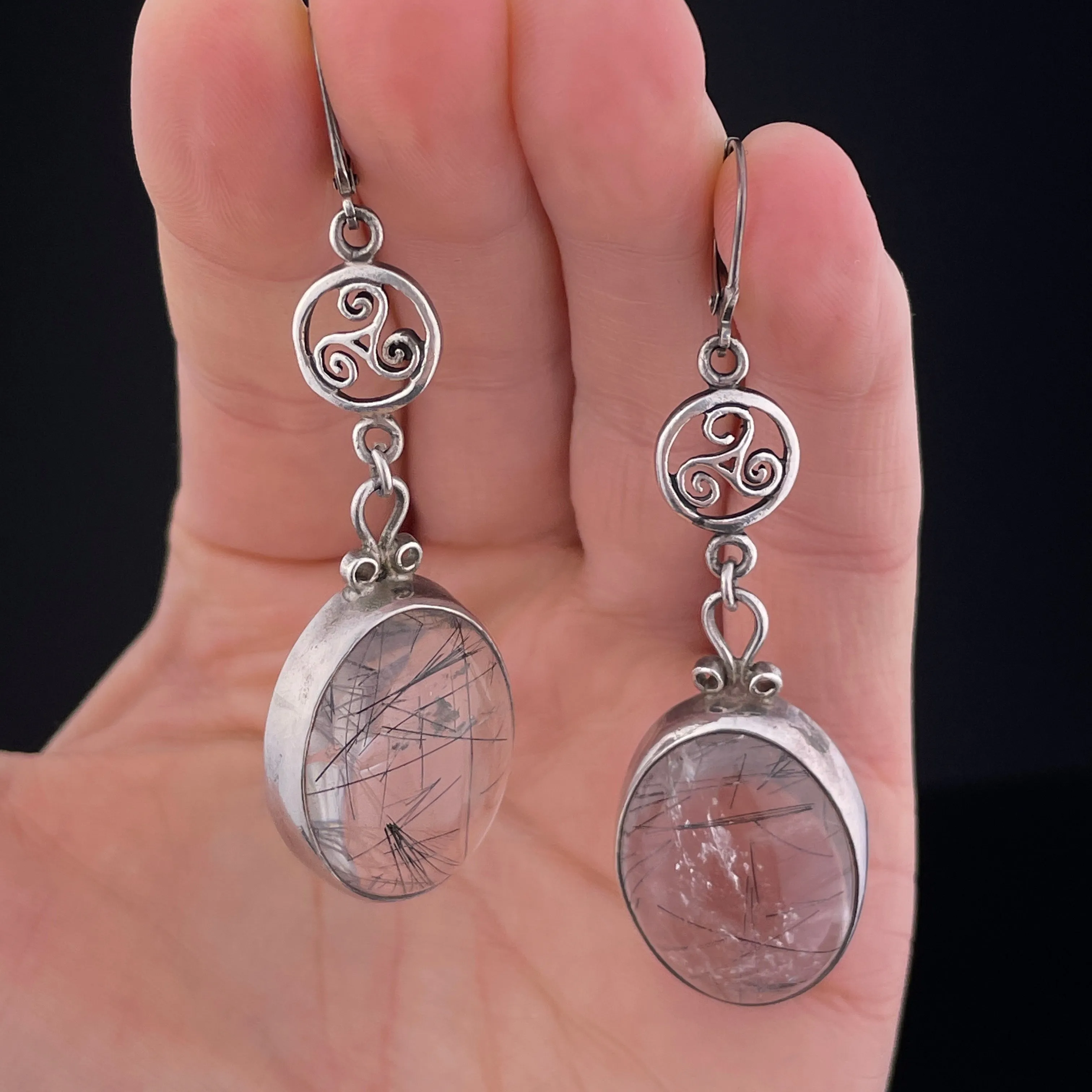 Vintage Silver Long Rutilated Quartz Teardrop Earrings