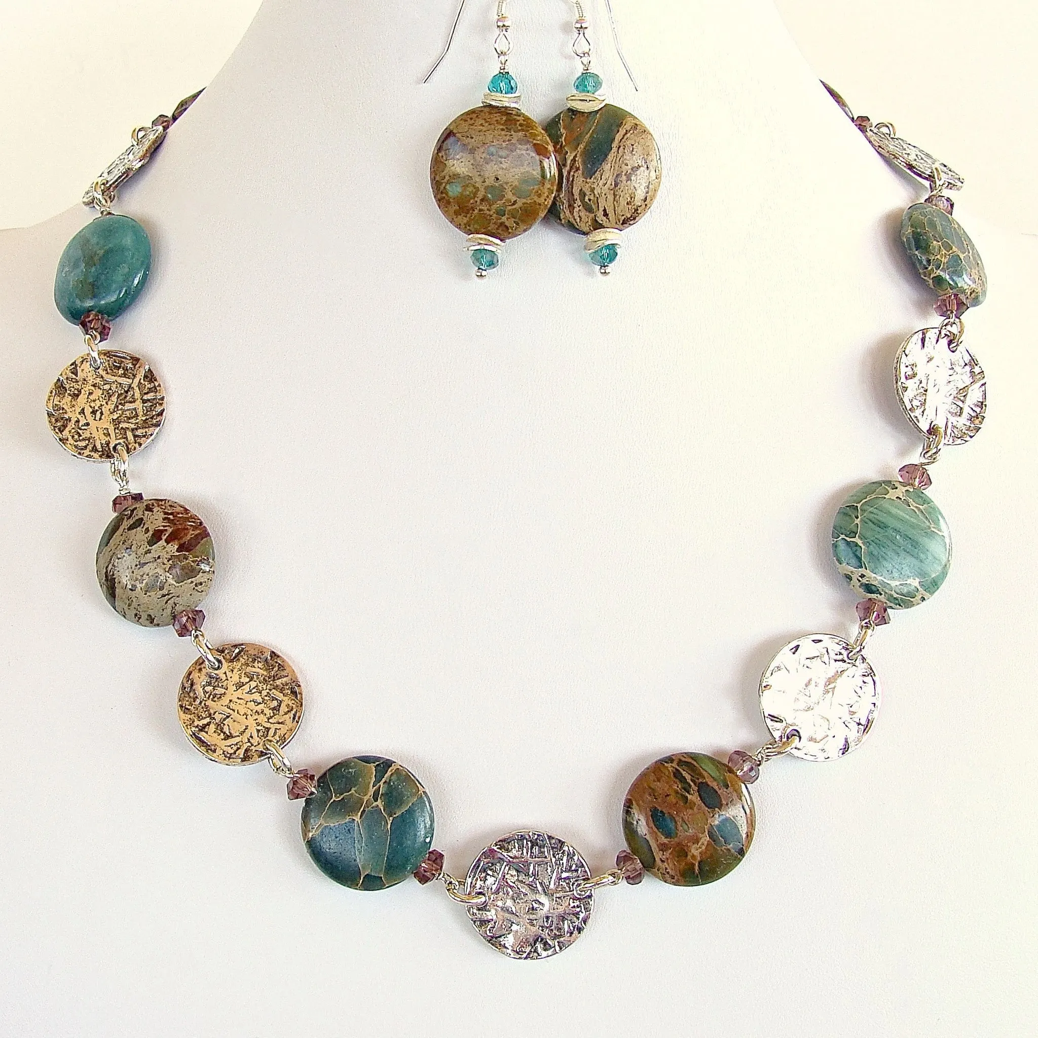 Walk About: 19" Aqua Terra Jasper and Silver Disc Necklace Set