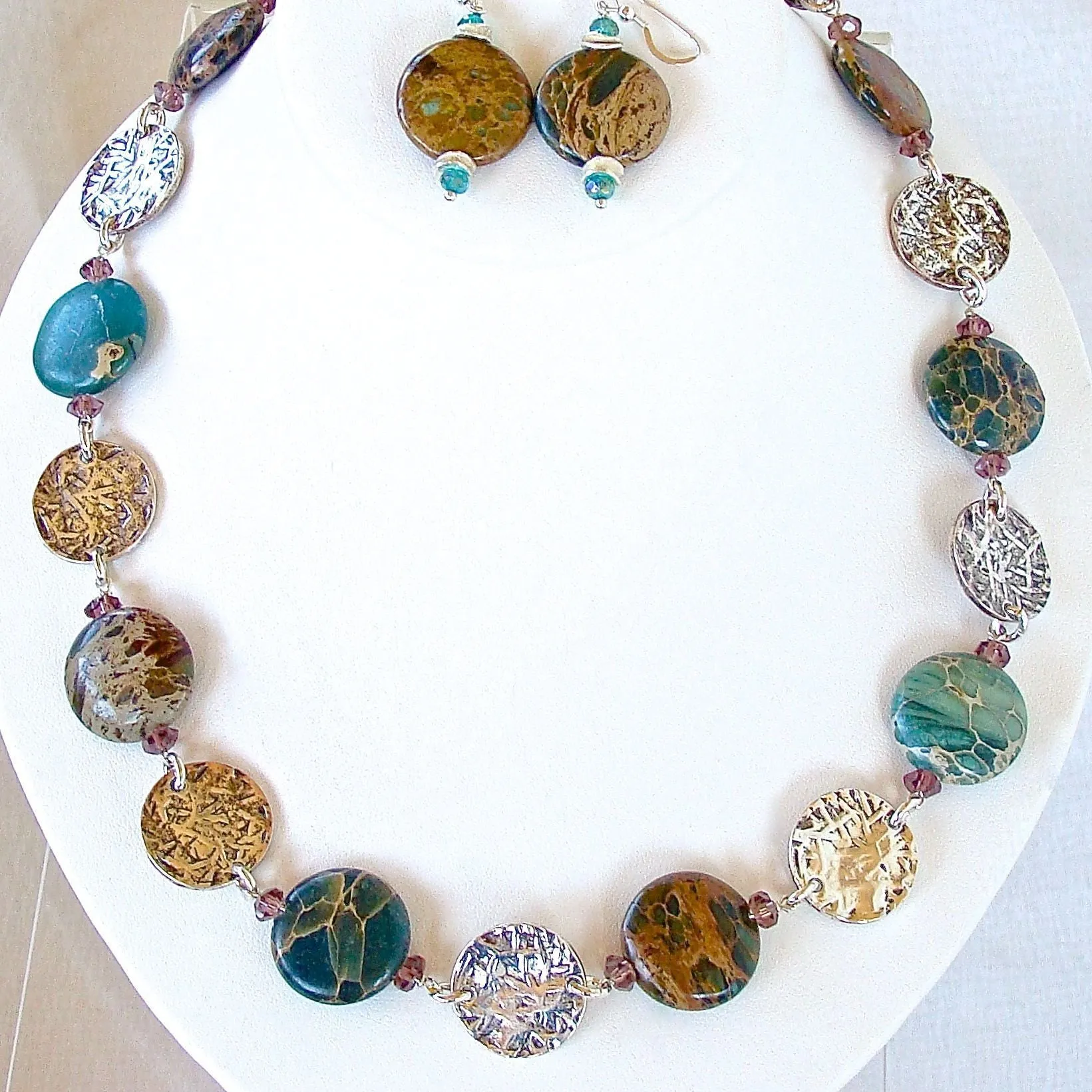Walk About: 19" Aqua Terra Jasper and Silver Disc Necklace Set