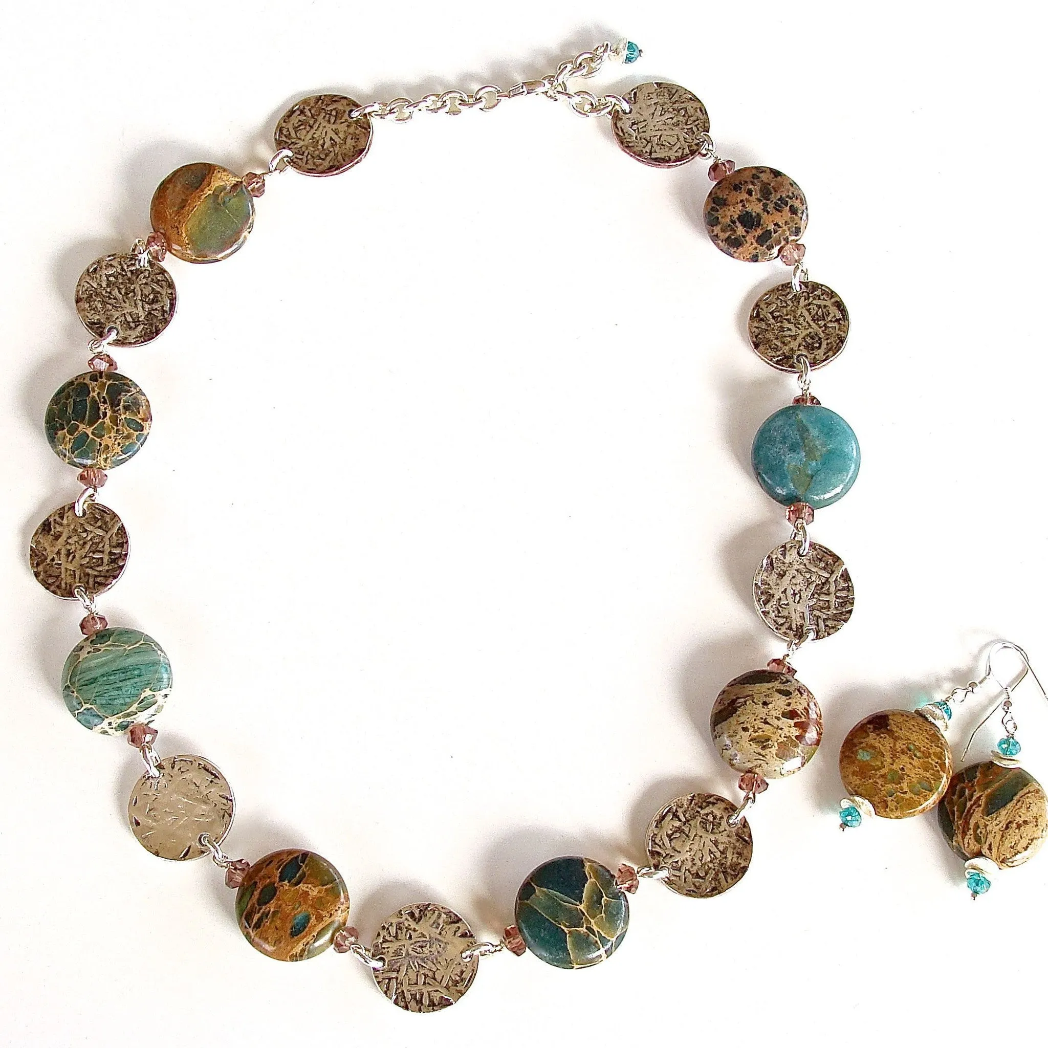 Walk About: 19" Aqua Terra Jasper and Silver Disc Necklace Set