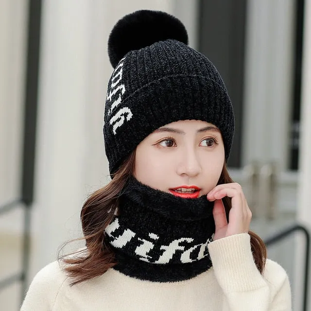 Yifan Letter Plus Velvet Pompoms Ball Outdoor Knitted Woolen Warm Winter Cap