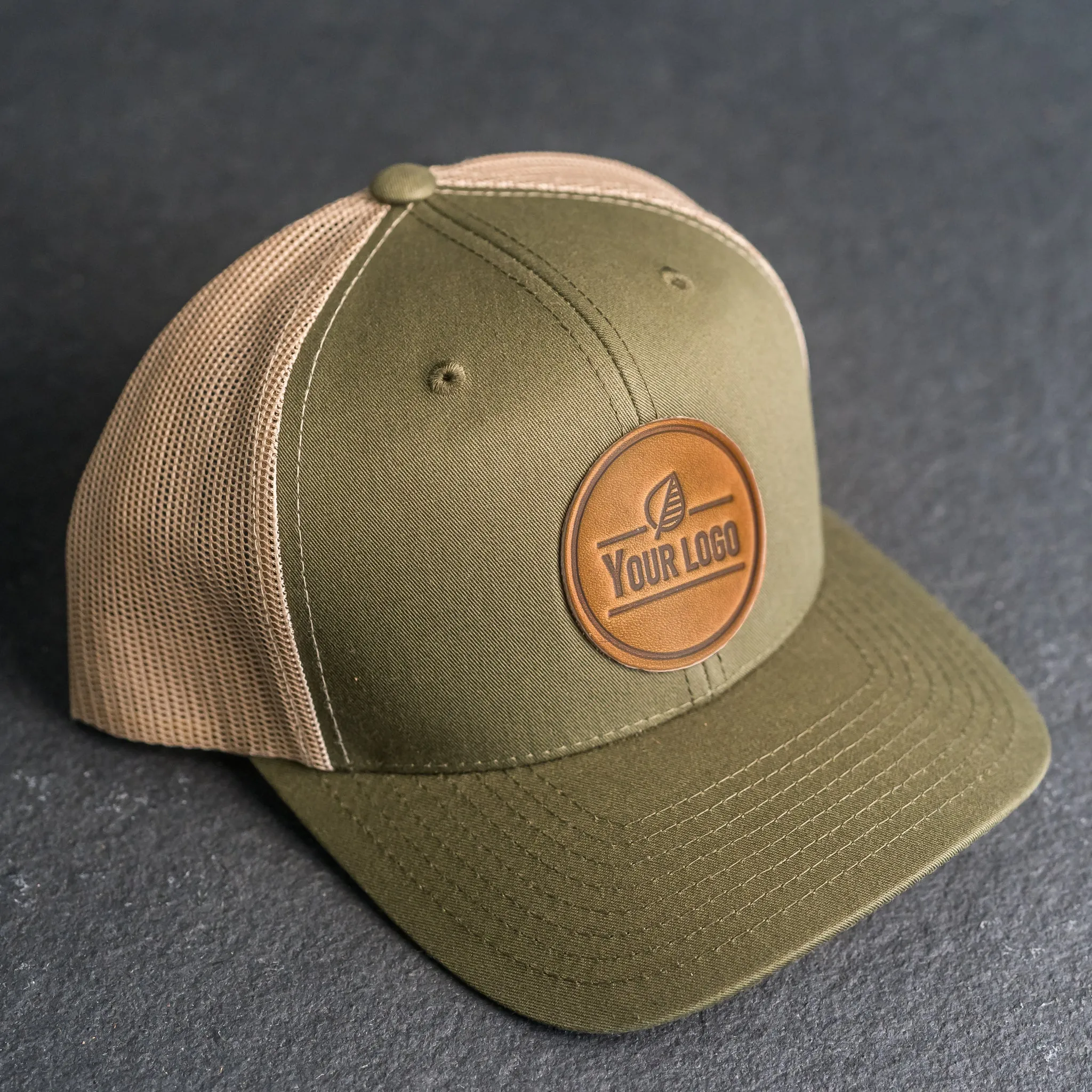 Your Logo on a Leather Patch Trucker Style Hat - Circle Patch