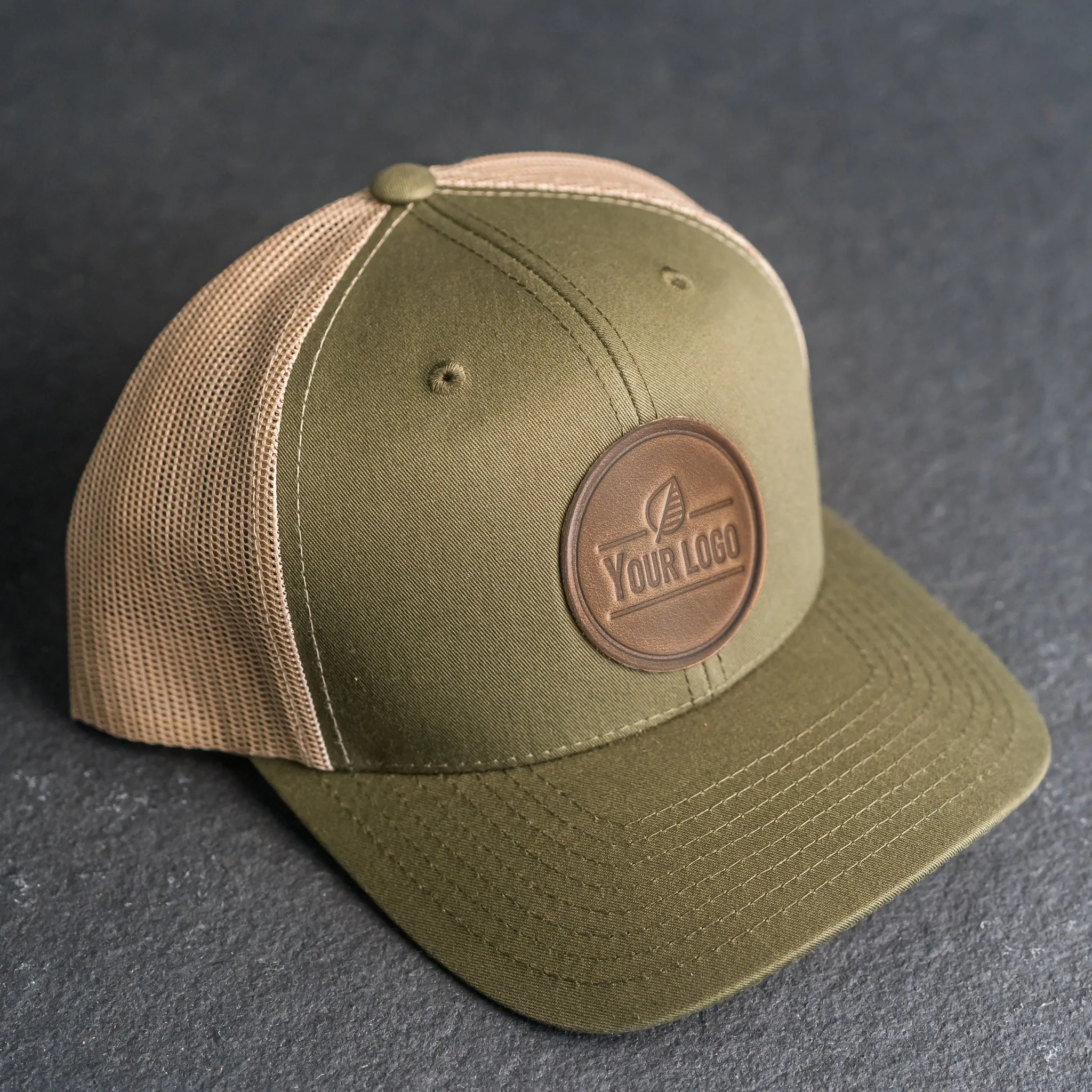 Your Logo on a Leather Patch Trucker Style Hat - Circle Patch